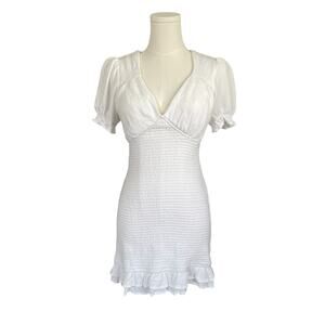 Le Lis White V-Neck Smocked Mini Bodycon Dress, Women's size M, Ruffled Cottage